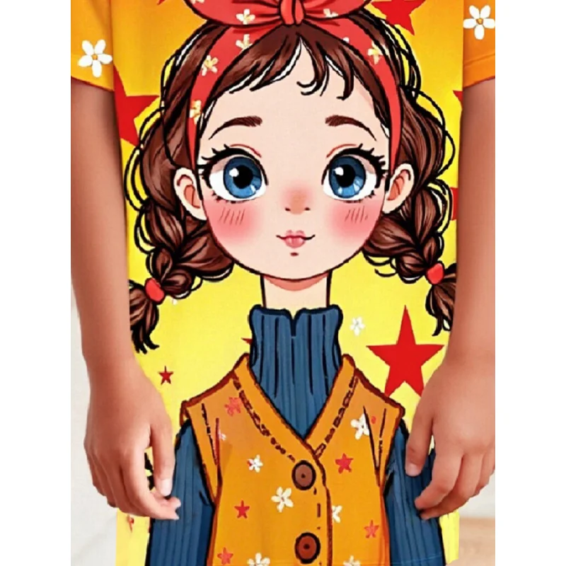 Children's Ultra-Soft Dress 2026 Vibrant Orange Cartoon Print with Fun Stars And Flowers Design for All-Day Comfort 4
