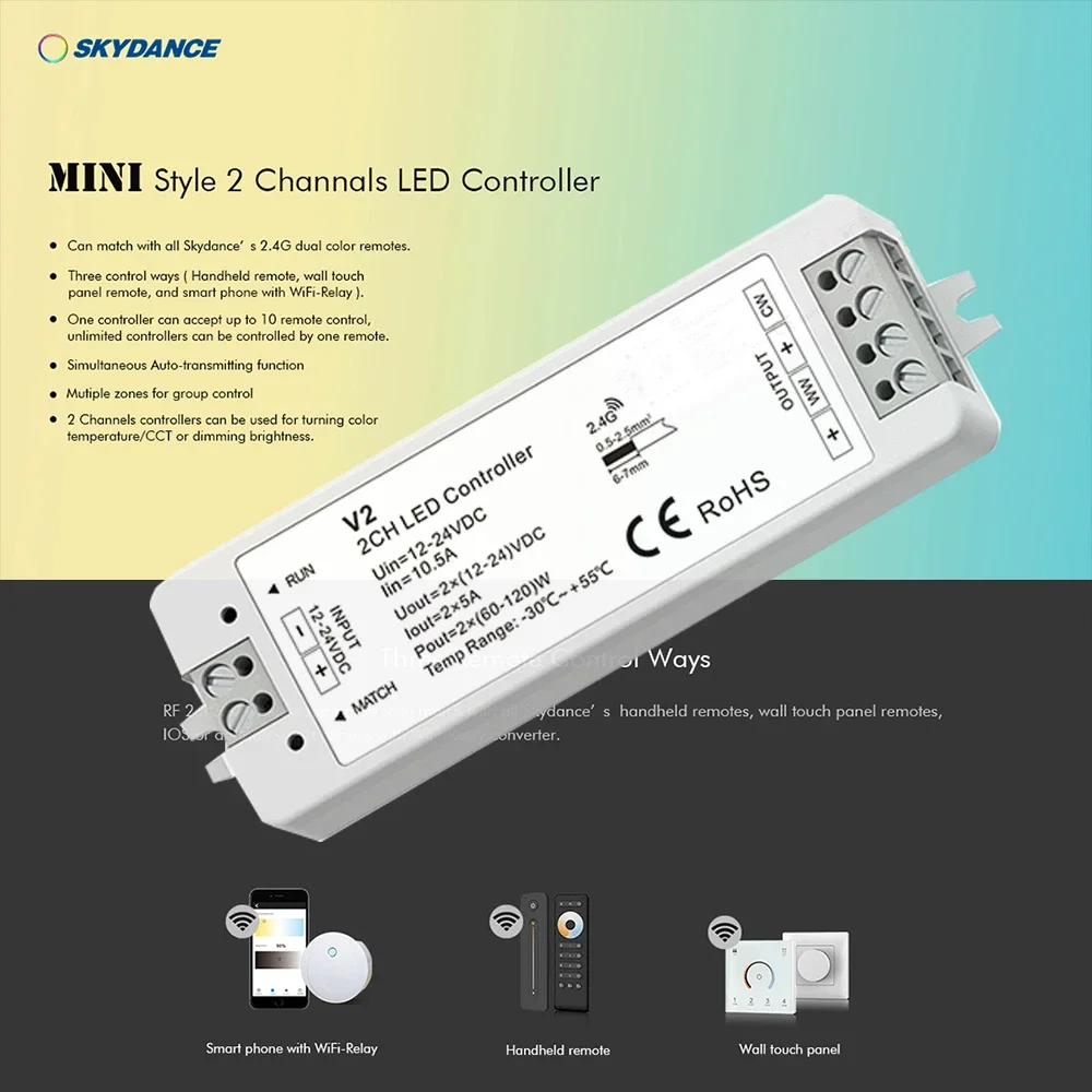 DC12-24V V2 CCT 2.4GHzRF Dual Color PWM 0-100% Dimming smoothly without any flash Multi-device sync Controller for Light Strips