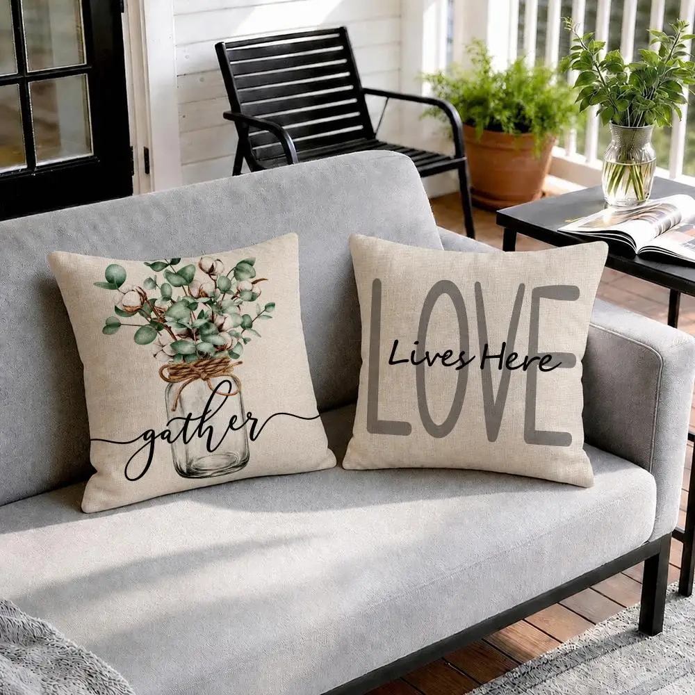 Eucalyptus Wreath Cotton Jar Cushion Cover Natural Linen Organic Fabric Double-Sided Printing Sofa Home Decor Gift Pillow Cover