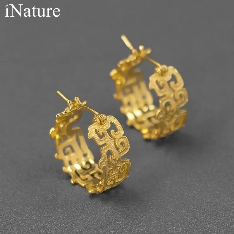 

INATURE 18K Gold Plated Sterling Silver Vintage Pattern Circle Hoop Earrings for Women Jewelry