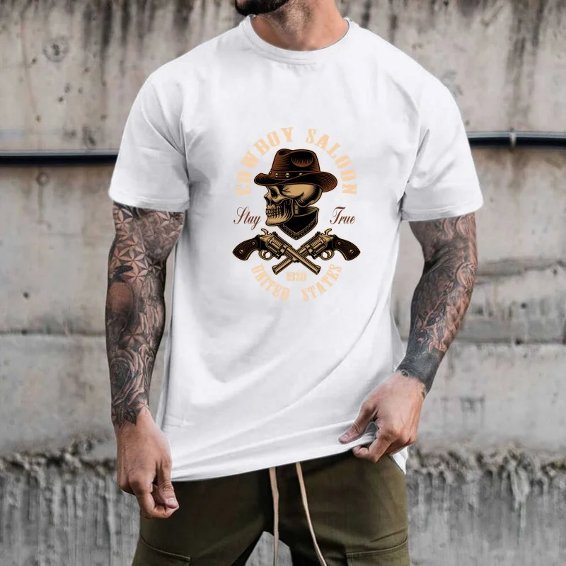 Vintage Western Cowboy Skull Pistol Heat Transfer White Ink Iron - on Sticker, Stylish Cool T - shirt Clothing Decoration,