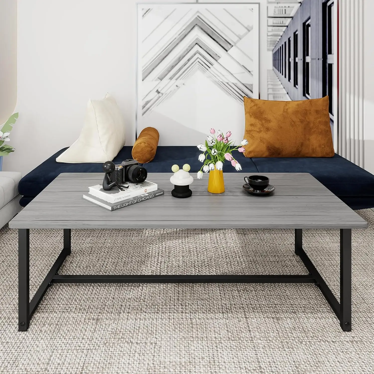 

Farmhouse Coffee Table Rectangular Center Table for Living Room Table Wooden Tabletop with Metal Frame,Mid Century