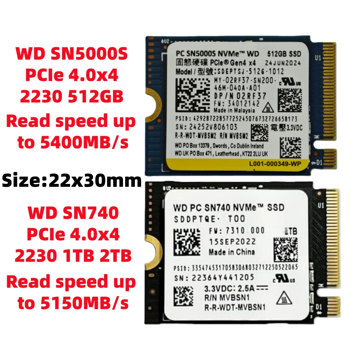 

WD SN5000S 512GB & SN740 1TB 2TB M.2 2230 SSD NVMe PCIe for Steam Deck,Surface pro9,for ROG Flow,for Camera DIY CFE z9, for Dell