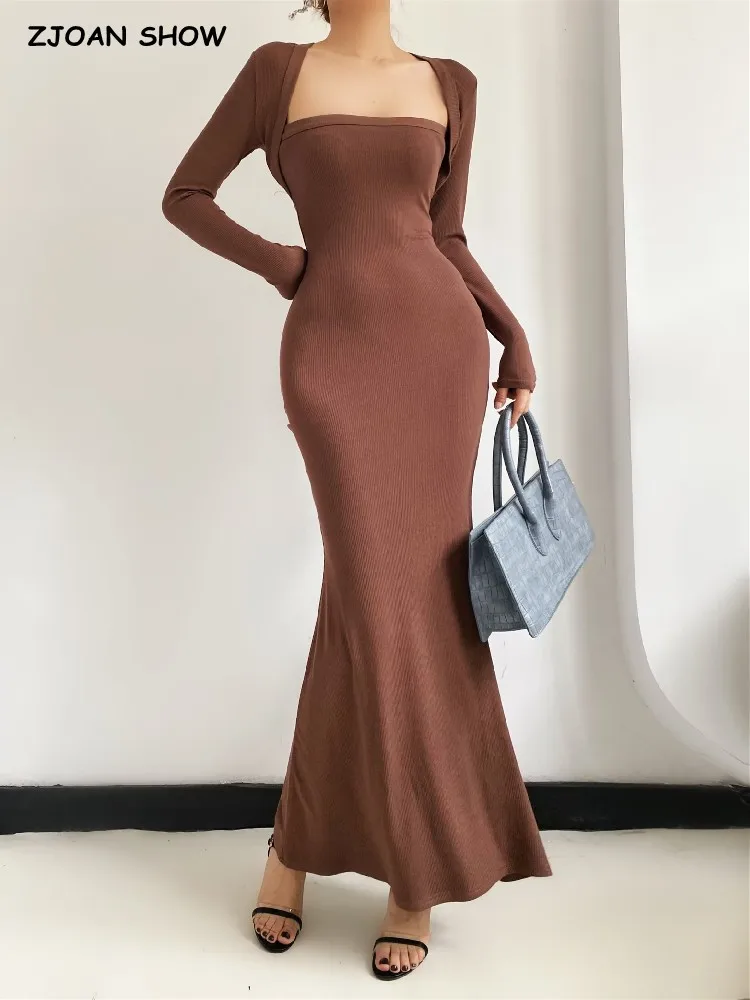 

2023 Sexy Flase 2 pcs Slash Collar Knitted Cotton Maxi Long Mermaid Dress Women Full Sleeve Stretch Basic Bodycon Fishtail Robe