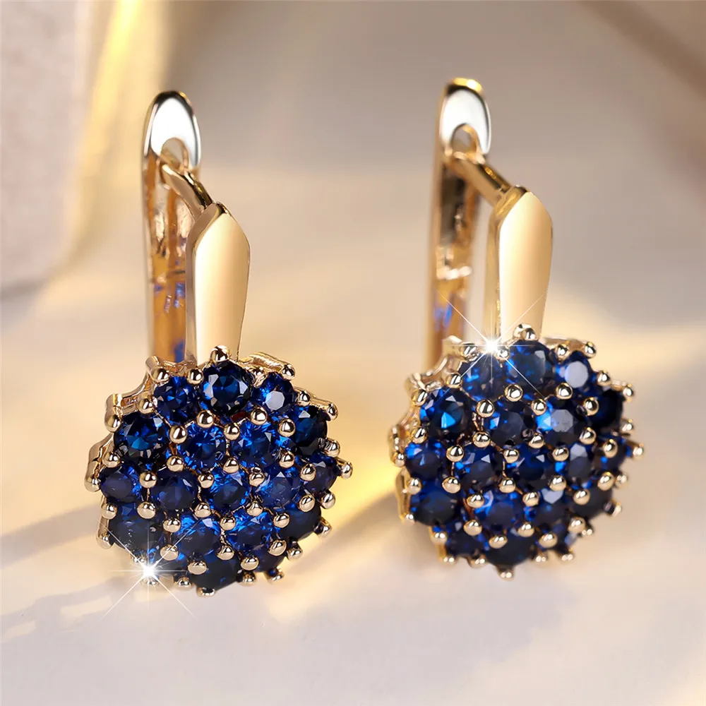 Cute Sunflower Blue Crystal Round Zircon Hoop Earrings For Women Rose Gold Silver Color Wedding Flower Jewelry Engagement Gift image 3
