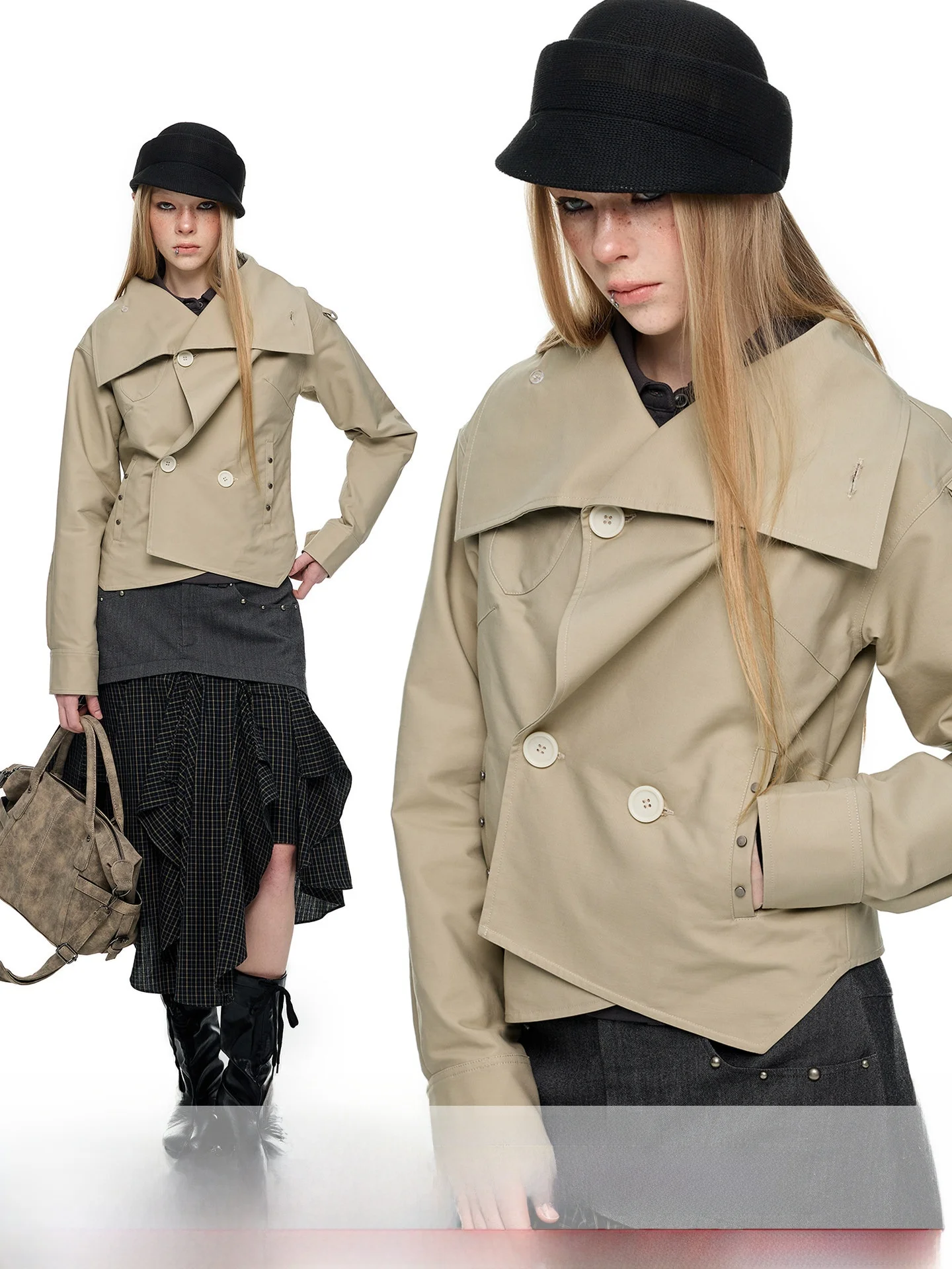 

JIKOO Automatic Vending Machine Design Sensation Asymmetrical Short Stand Collar Slim Fit Early Spring Jacket for Women