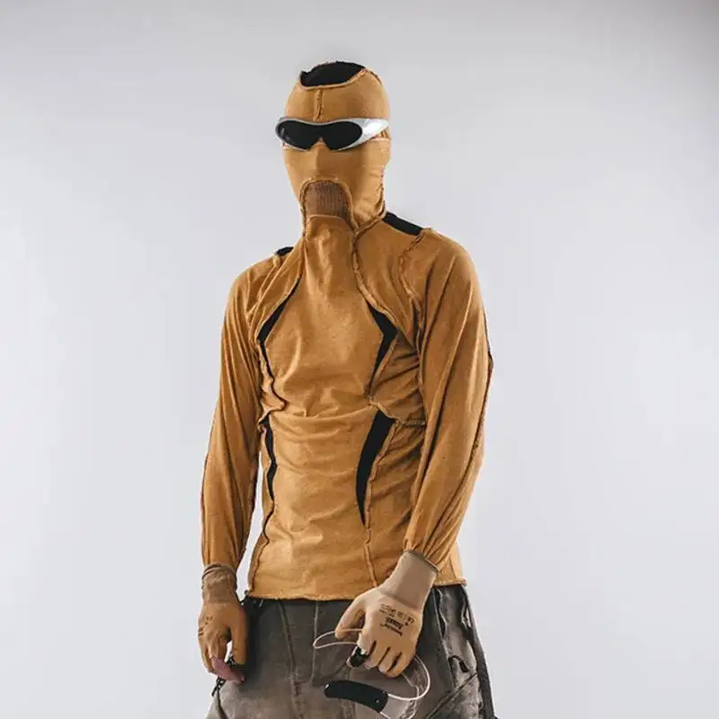 

HKSH Autumn New Men's Tide Geometric Spliced Outer Edge Vintage Hooded Cotton T-shirts Techwear Waste Land Patchwork Tees HK2393