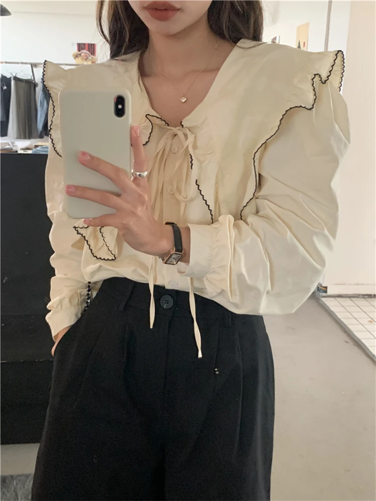 Colorfaith BL10335 New 2024 Lace Up Turn-down Collar Patchwork Oversized Korean Fashion Women Spring Summer Blouses Shirts Tops