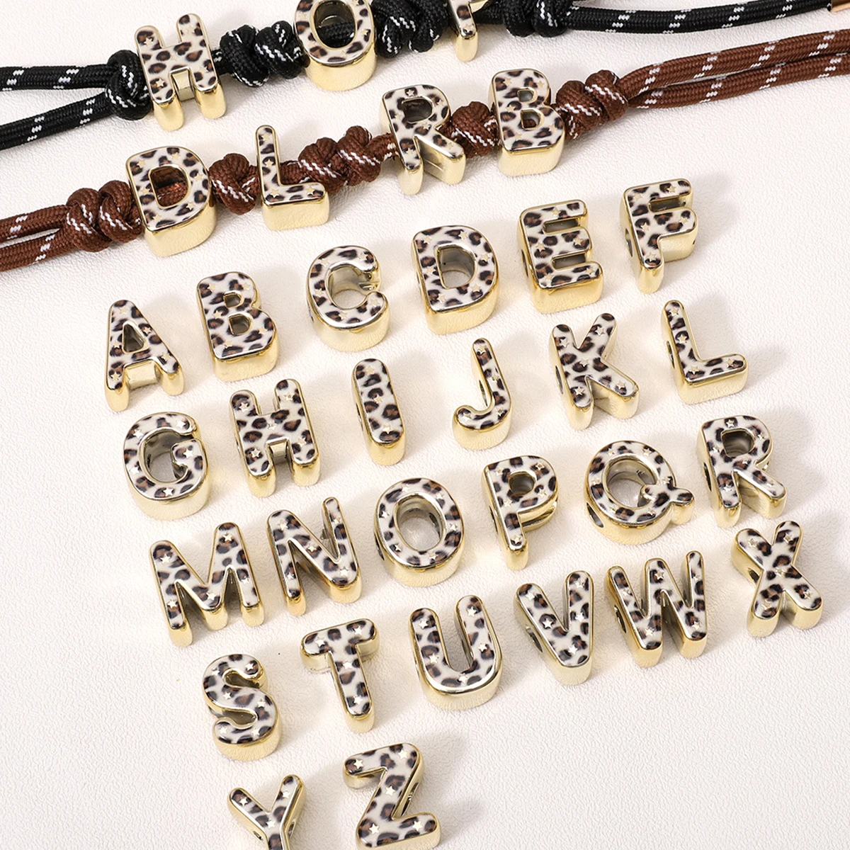 1/10pcs Acrylic Golden Background Leopard Print Large Hole Letter Beads For DIY Jewelry Making Mobile Phone Chain Accessories