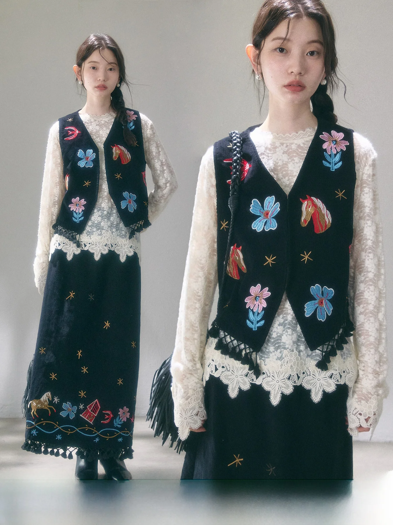 

Комплект Uare Original Design: вышитый жилет и юбка в винтажном стиле, дышащий хлопок, повседневный, с низкой талией, H-образный силуэт