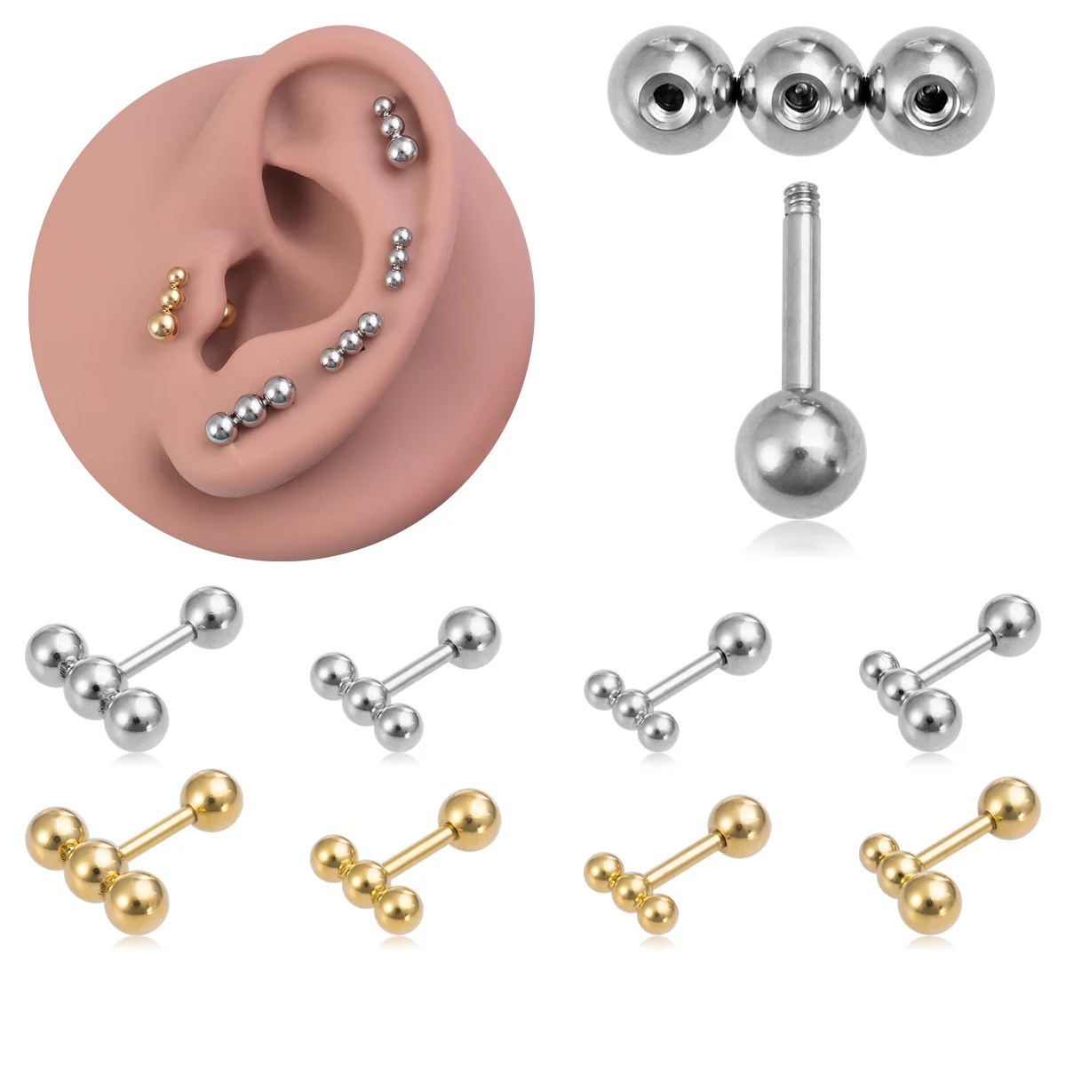 1pc 16G Three-Ball Cartilage Tragus Helix Daith Piercing Stud Earrings Stainless Steel Body Piercing Jewelry Unisex