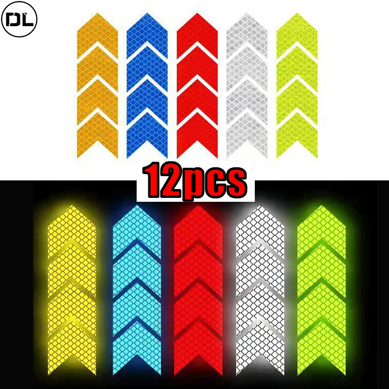 12 Pcs/Set Reflective Arrow Sign Tape Warning Safety Sticker for Car Bumper Trunk Reflector Hazard Tape Motorcycle Accessories