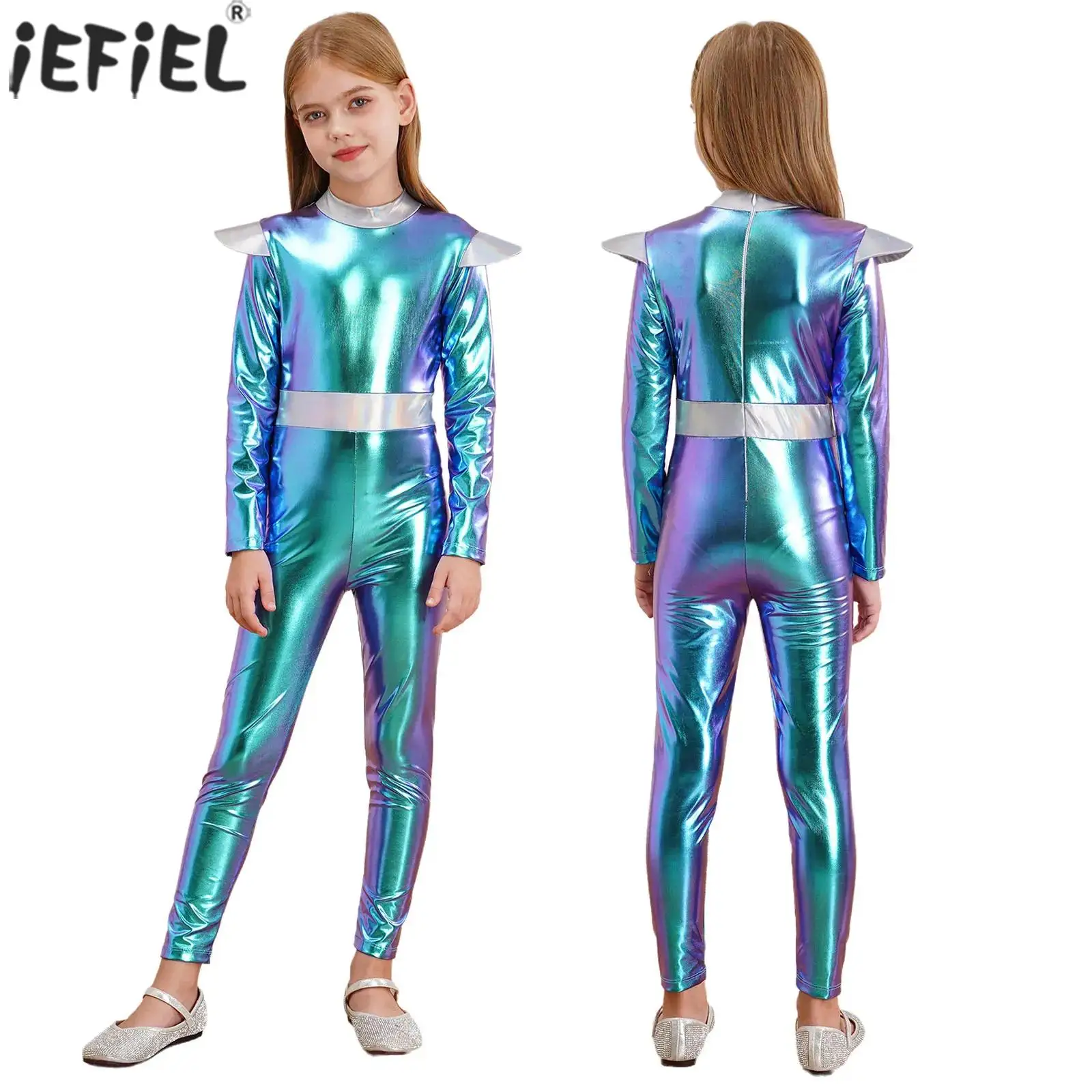 Kids Girls Alien Robot Cosplay Costume Halloween Space Astronaut Themed Party Role Play Dress Up Long Sleeve Metallic Jumpsuit