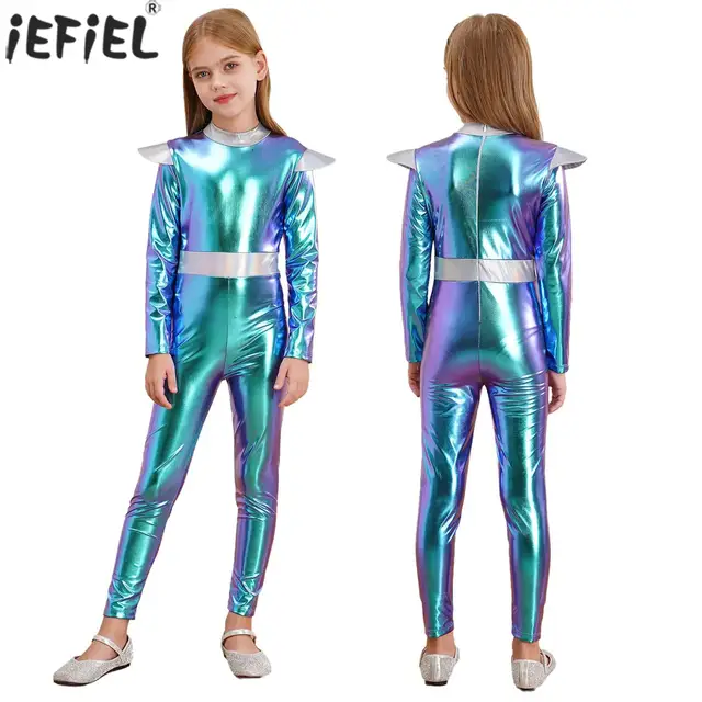 Dziecięce dziewczęce Alien Robot przebranie na karnawał Halloween kosmiczny astronauta impreza tematyczna do odgrywania ról element ubioru metaliczny kombinezon z długim rękawem