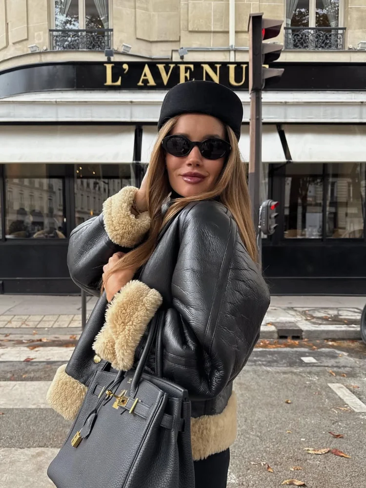 

Black Faux Fur Patchwork Leather Jacket Women Chic Lapel Double Breasted Full Sleeve Warm Short Jacket Lady Winter Street Wear