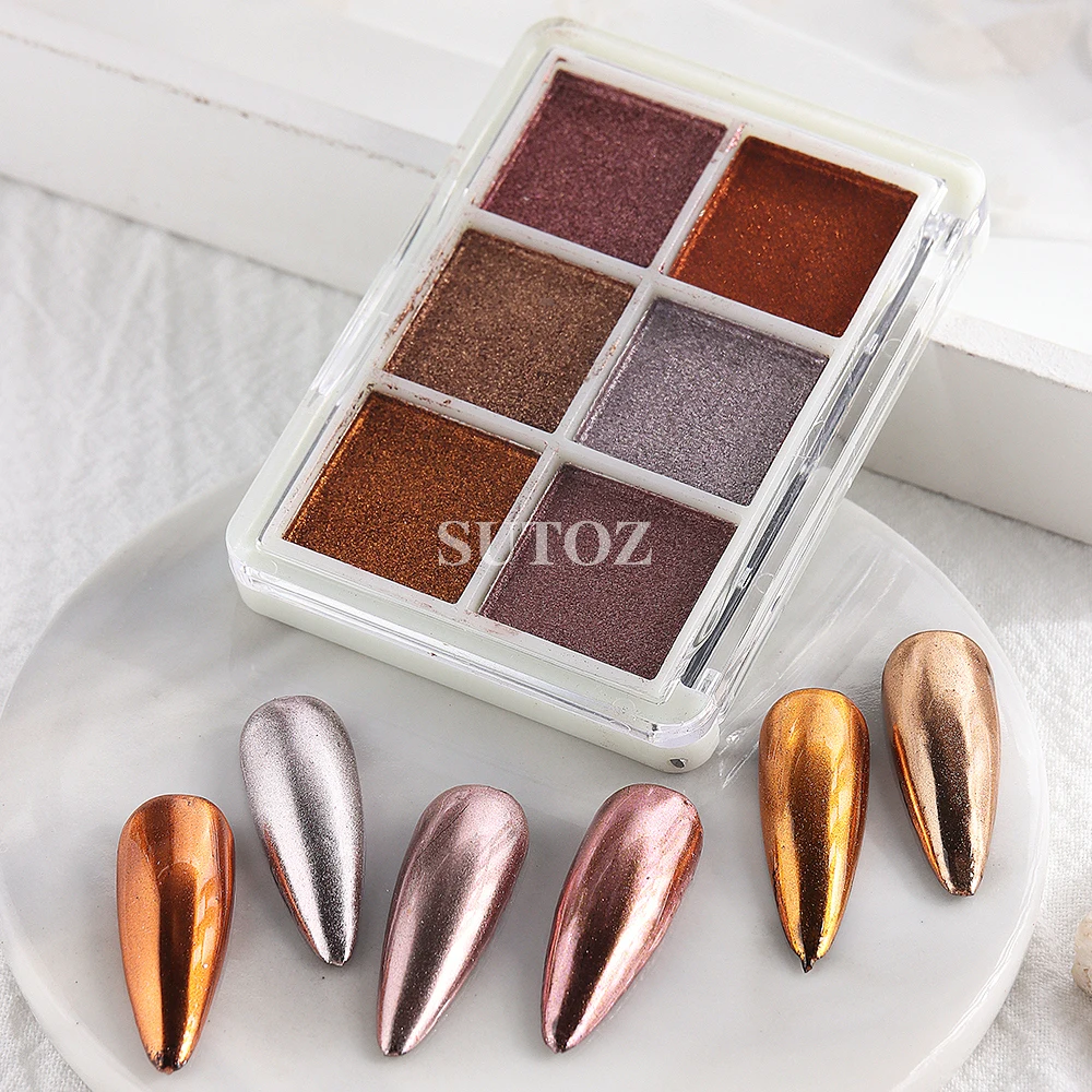 6 colori Aurora Chrome Powder Solid sfregamento Dust iridescente Glitter Gold Metallic Mirror Nail Powder Manicure Pigment Set LEB6GTR