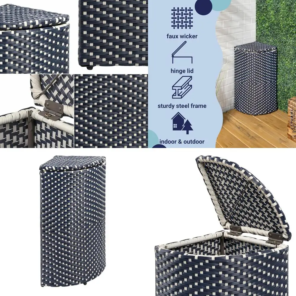 

Всепогодный темно-синий и белый плетеный металлический угловой мусорный бак, 15,56 галлонов, для использования на открытом воздухе и на кухне