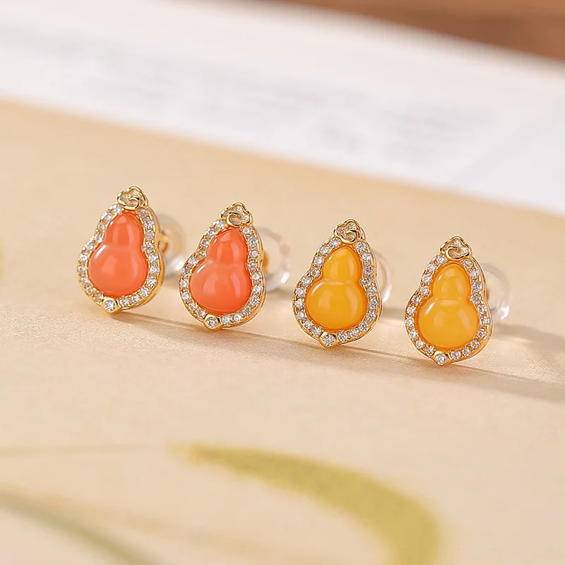 

S925 Sterling Gold-Plated Amber Red Agate Cloud Gourd Silver Earrings Jewelry
