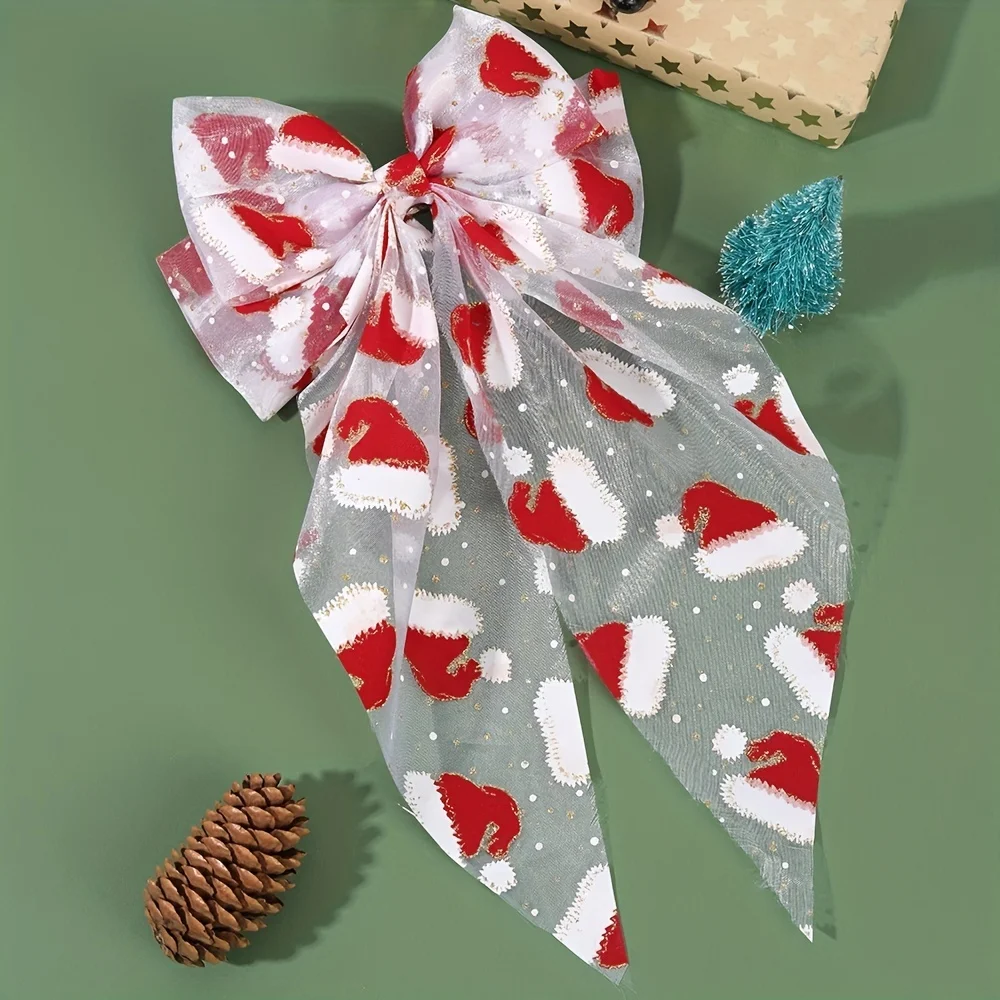 Charming Santa Claus Printed Chiffon Bow Hair Clip - The Perfect Christmas Accessory Women, Suitable For Parties And Gift Giving