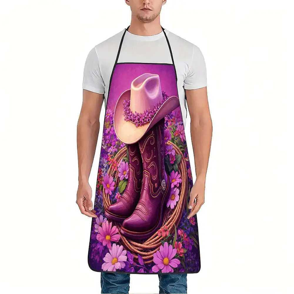 Cowboy Hat Boots Purple Flowers Print Apron, Washable & Reusable, Versatile for Baking, Cooking, Gardening & Barber Work