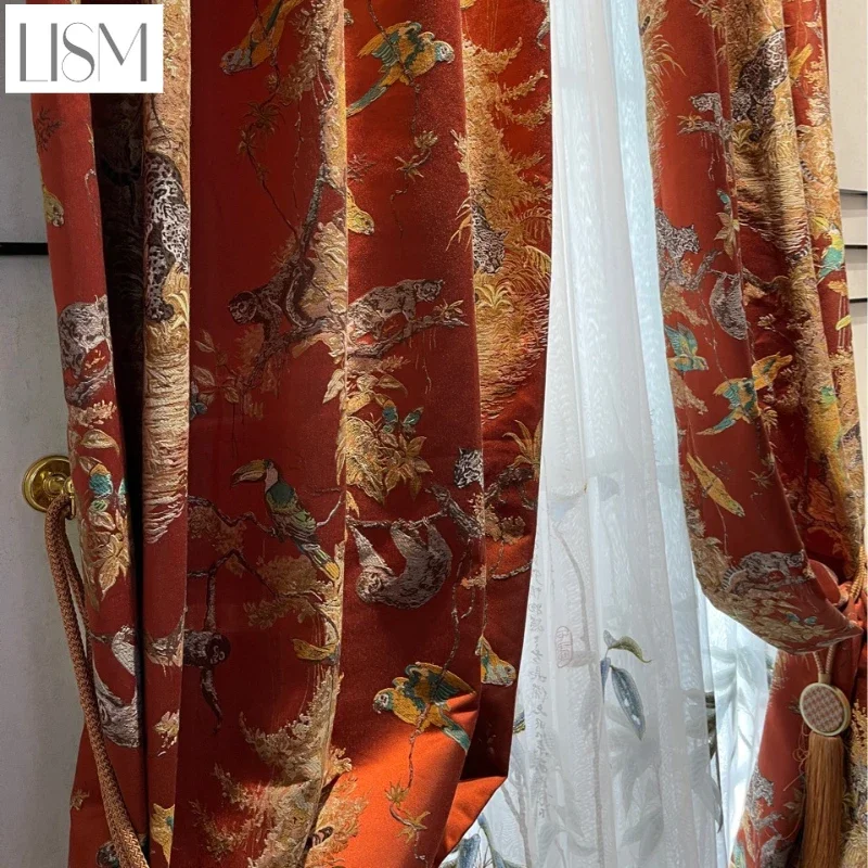 

Американские европейские вышитые оранжевые изображения животных, роскошные шторы для гостиной, спальни, столовой, затемняющие оконные тюлевые декор