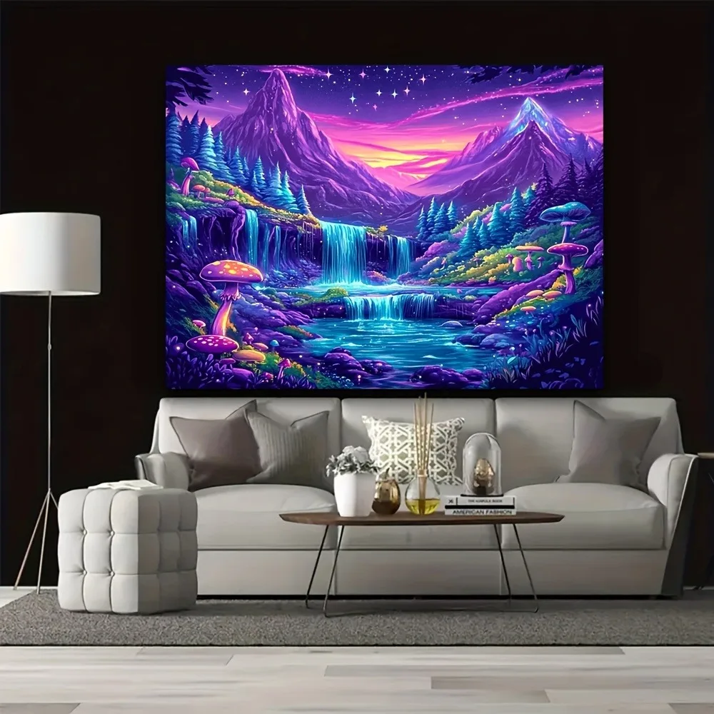 

Mushroom and Waterfall in Neon Mountain Tapestry,UV tapestry wall hanging bedroom home party decoration