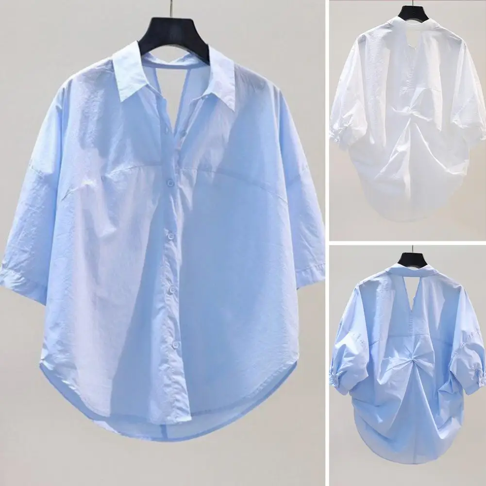 Women Twisted Open Back Blouse Loose Fit Back Hollow Knot Design Women's Summer Shirt Lapel Short Sleeve Single for Workwear