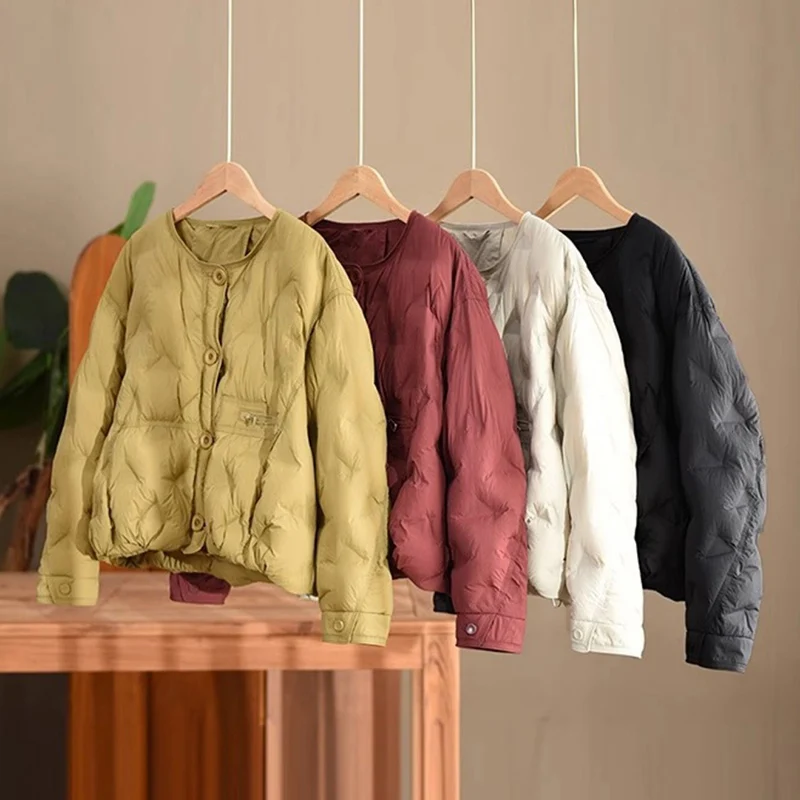 Schinteon 여성용 화이트 덕 다운 재킷 칼라리스 빈티지 가을 겨울 아우터 루즈 캐주얼 따뜻한 탑 2025 신상 코트