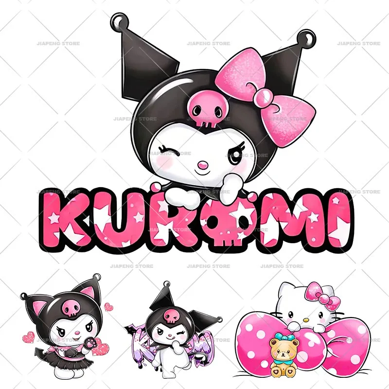 

Sanrio Kuromi Iron on Patches Heat Transfers For Kids Clothes Cute Hello Kitty Printed Thermal Stickers on t-shirt Applique DIY