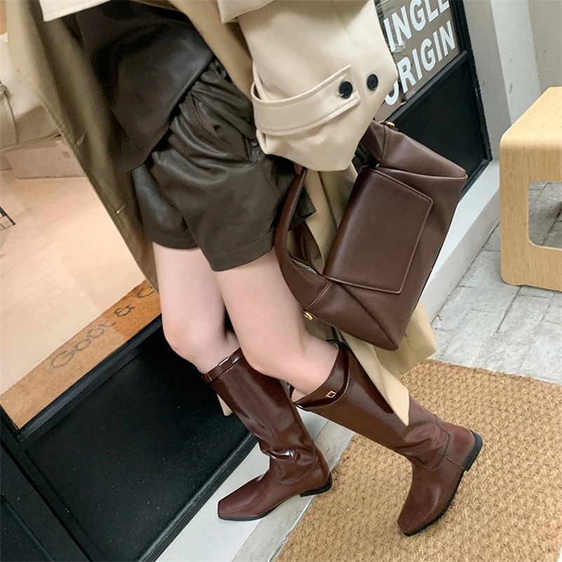 Meotina Women Genuine Leather Knee High Riding Boots Square Toe Flat Casual Long Boot Ladies Autumn Winter Shoes Brown 40