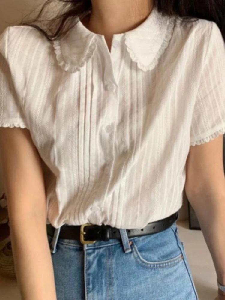 Women Peter Pan Collar Lace White Shirts 2024 Blusas Mujer De Moda Short Sleeve Tops Sweet Summer Solid Y2K Thin Blouses