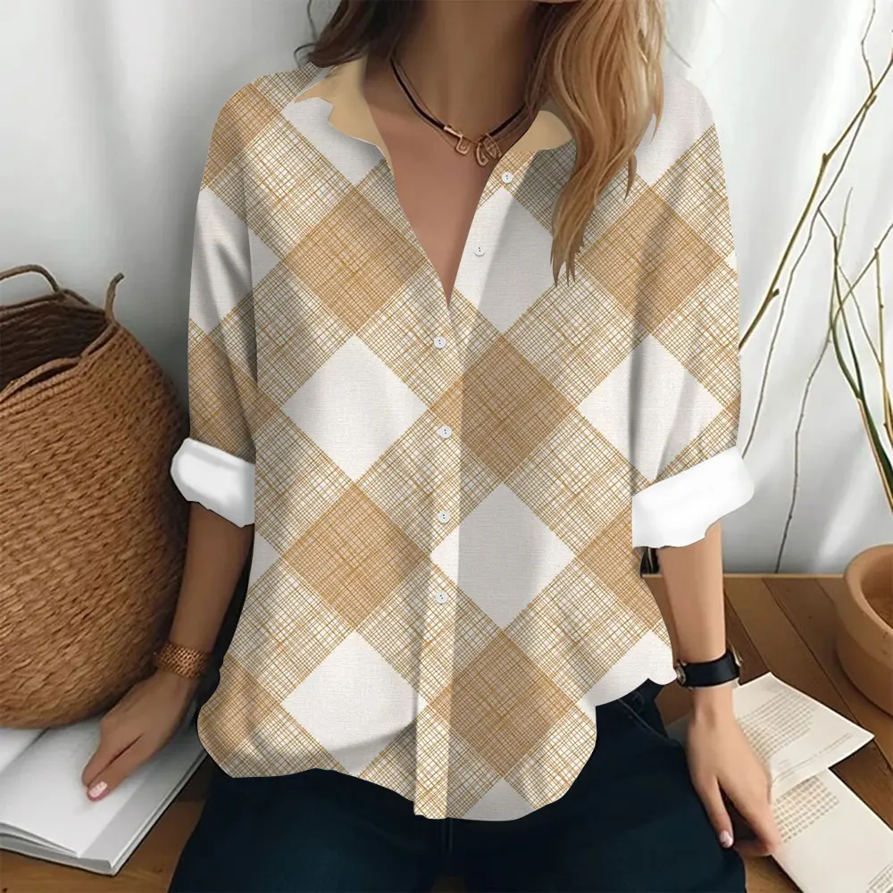 Women\'s Shirts Autumn Trend Long Sleeve Top Loose Button Clothing Party Fashion Shirt Checkered Print Pattern Women\'s T-shirt