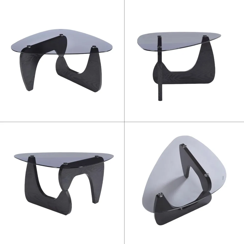 Modern Triangle Glass Coffee Table, 16 Inch High Glass Top Abstract Small End Table with Solid Natural Wood Base, Tea Tab