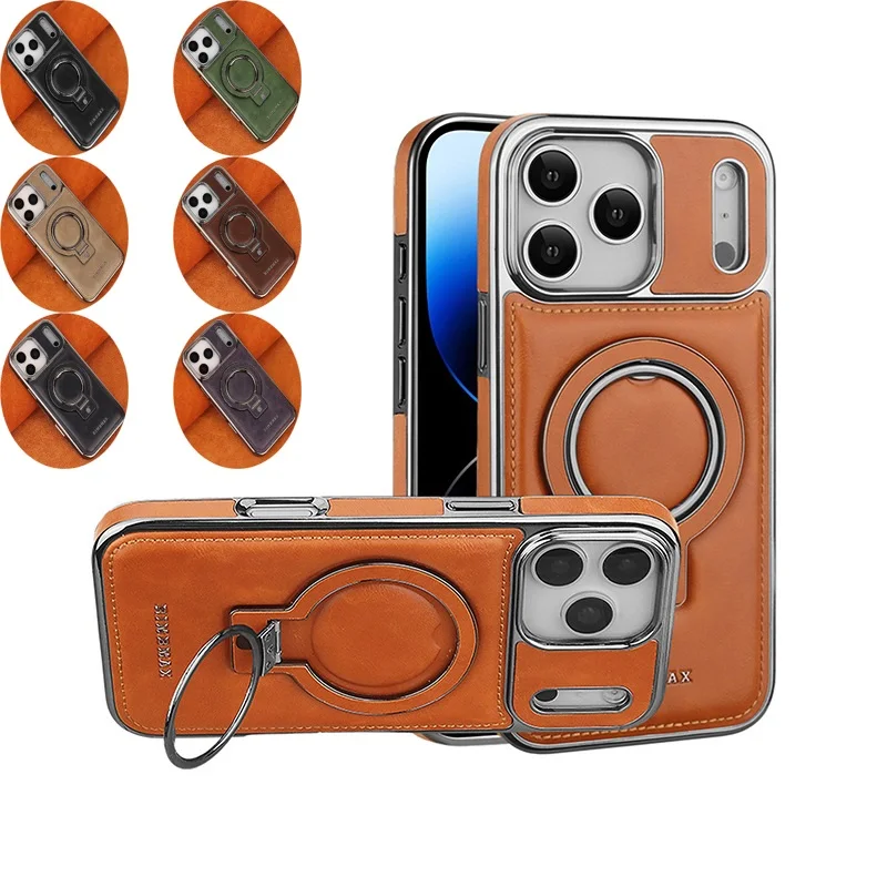 

Solid Color Leather Phone Case for iPhone Air 17 16 15 14 Plus 13 12 11 Pro Max with Support Magnetic Charging