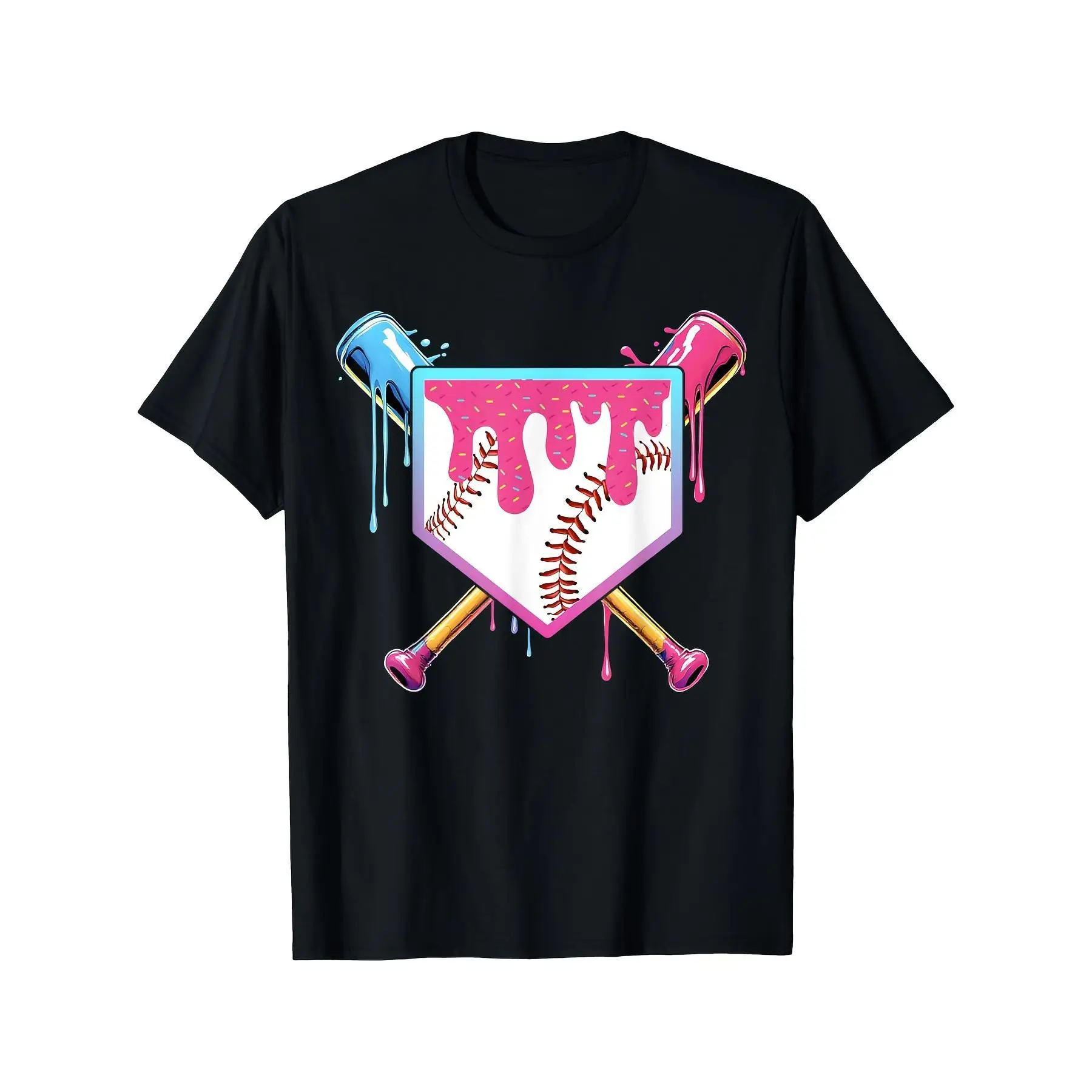 

Gender Reveal T-shirt Baseball Themed Party Graphic Tee Drip Icing Baseball Bat Slogan Unisex Casual Loose Fit Cotton Top