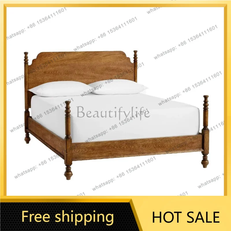 Zj. American country solid wood double bed retro ash wood simple master bedroom big bed