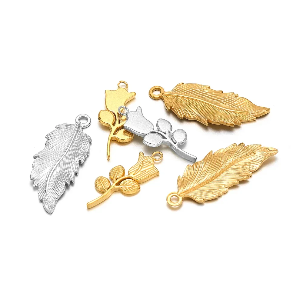 5pcs 18k Gold Stainless Steel Leaves Charms Rose Flower Pendants for DIY Delicate Jewelry Making Necklace Bracelet Fittings Bulk