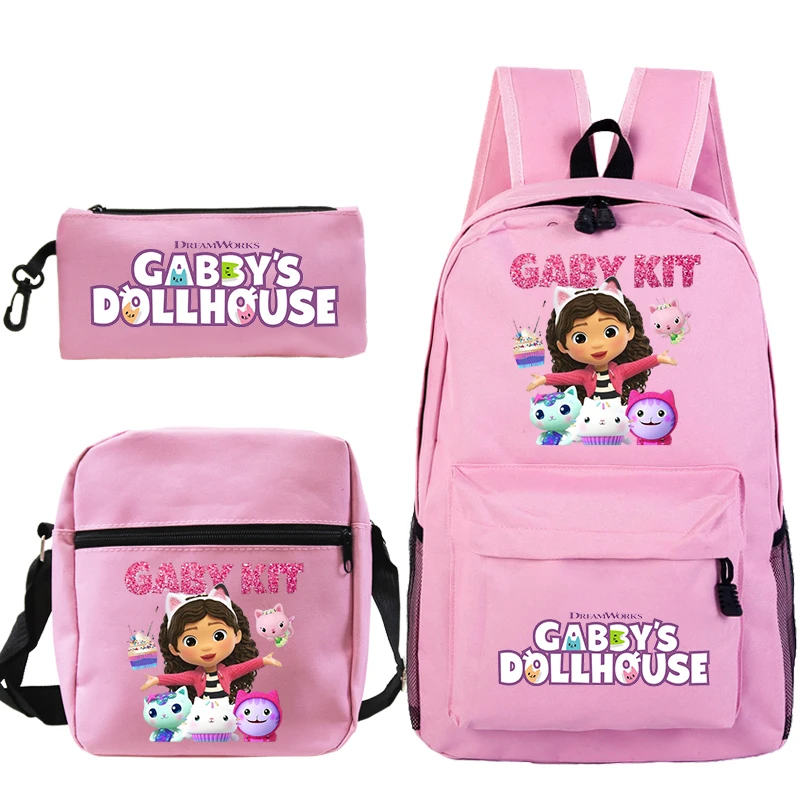 

3pcs Set Gabby's Dollhouse Prints Backpack for Primary School Girls Pink Bag Pack Cute Gabby Bookbag Softback Kids School Bags