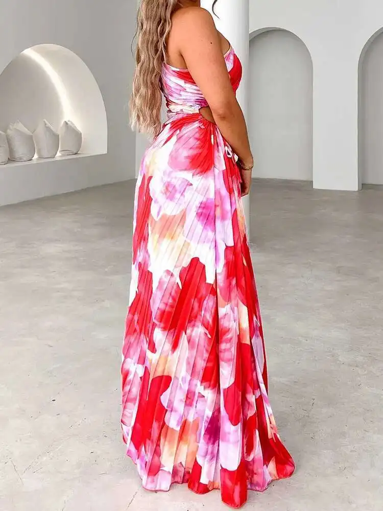 Skew Collar Casual Split Maxi Damen Frühling Sommer Loungewear Bedrucktes Partykleid, One Off Shoulder Patchwork Damenkleid