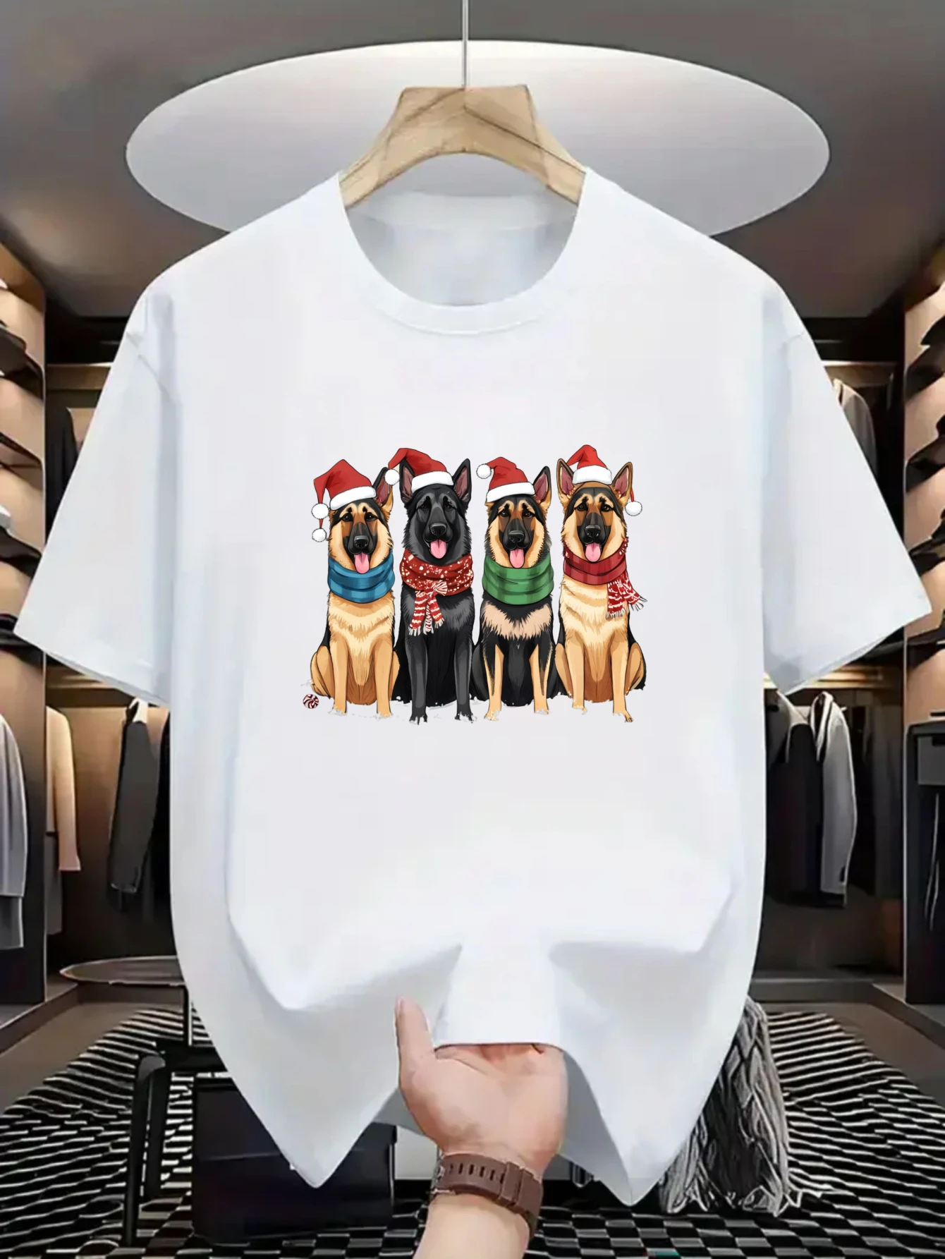 

Christmas German Shepherd Dogs Graphic Tee Men Short Sleeve Cotton Crewneck Casual Trip T-Shirt