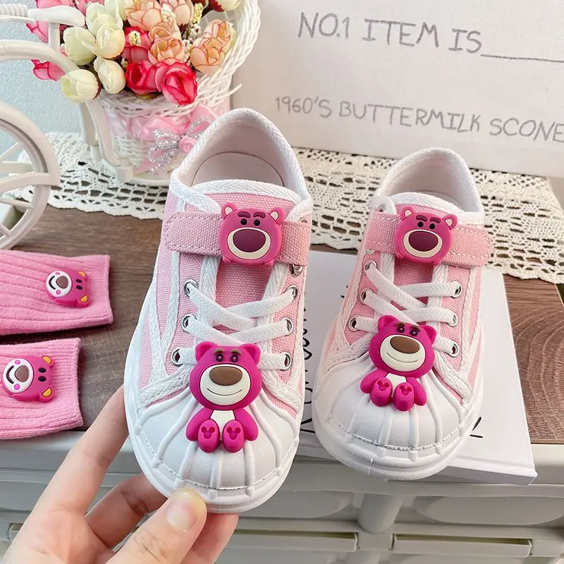 Disney Girls' Casual Canvas Shoes Children's Cartoon Girls' Sports Anti Slip Canvas White Pink Lotso Shoes Fashion Size 26-37