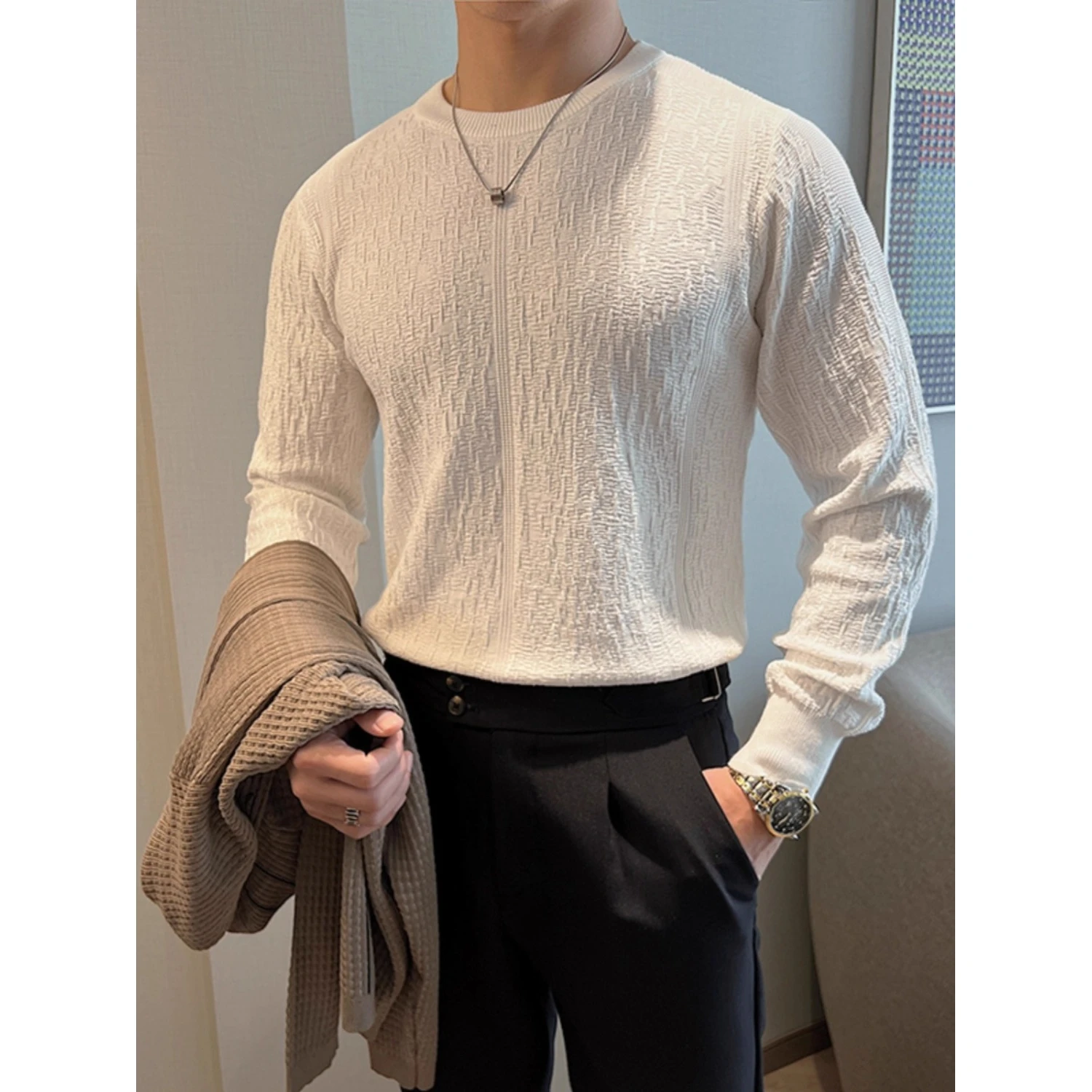 

Knitted Sweater round Ne Long Sve Men's Fce Polyester Slim Fit Autumn Winter Heavyweight Embroidery Base irt