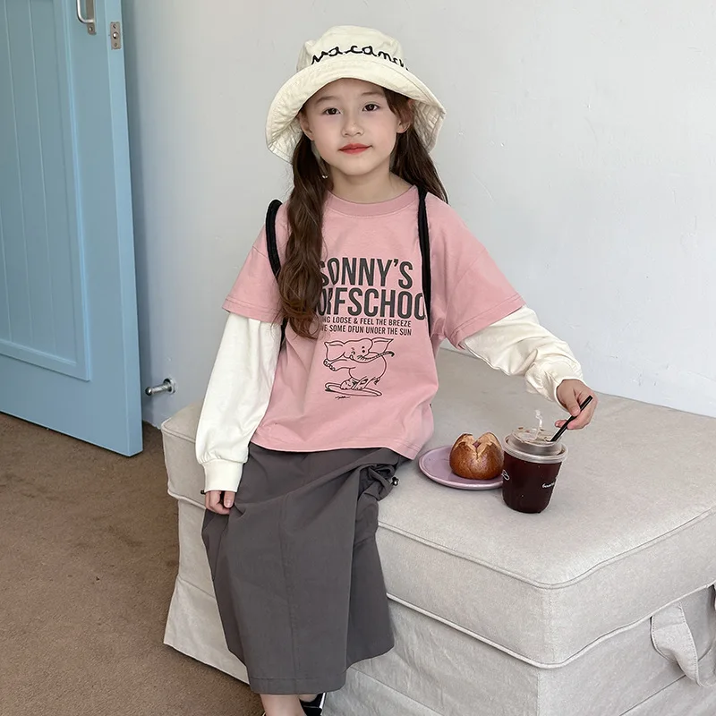 Kinderkleding Kids Casual T-Shirt 2024 Herfst Meisjes Top Koreaanse Stijl Kleur Cartoon Letters Nep Twee Modieuze T-Shirts