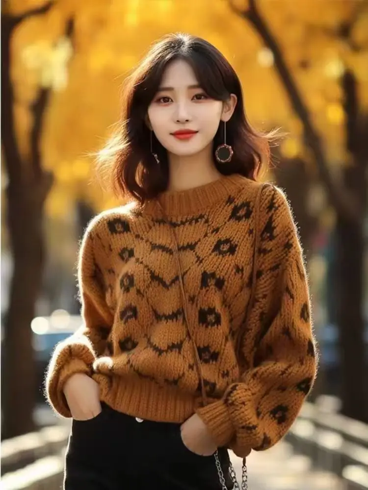 Caramel Colored Thick Thread Sweater Women\'s New Lazy Loose Knit Small Fragrant Style Pullover Top