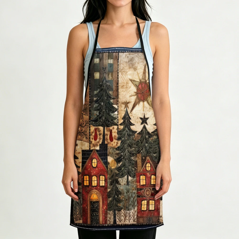 Vintage Patchwork Apron Christmas Village Trees Print Kitchen Aprons Cooking Baking Protection Adjustable Bibs
