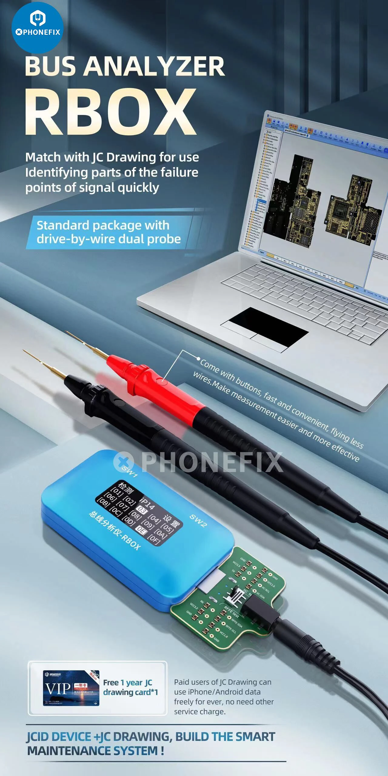 

JC RBOX Bus Analyzer Fault Quick Test Motherboard Signal Partial Detectior for IPhone Android Add Bus Data With JC Drawing Card