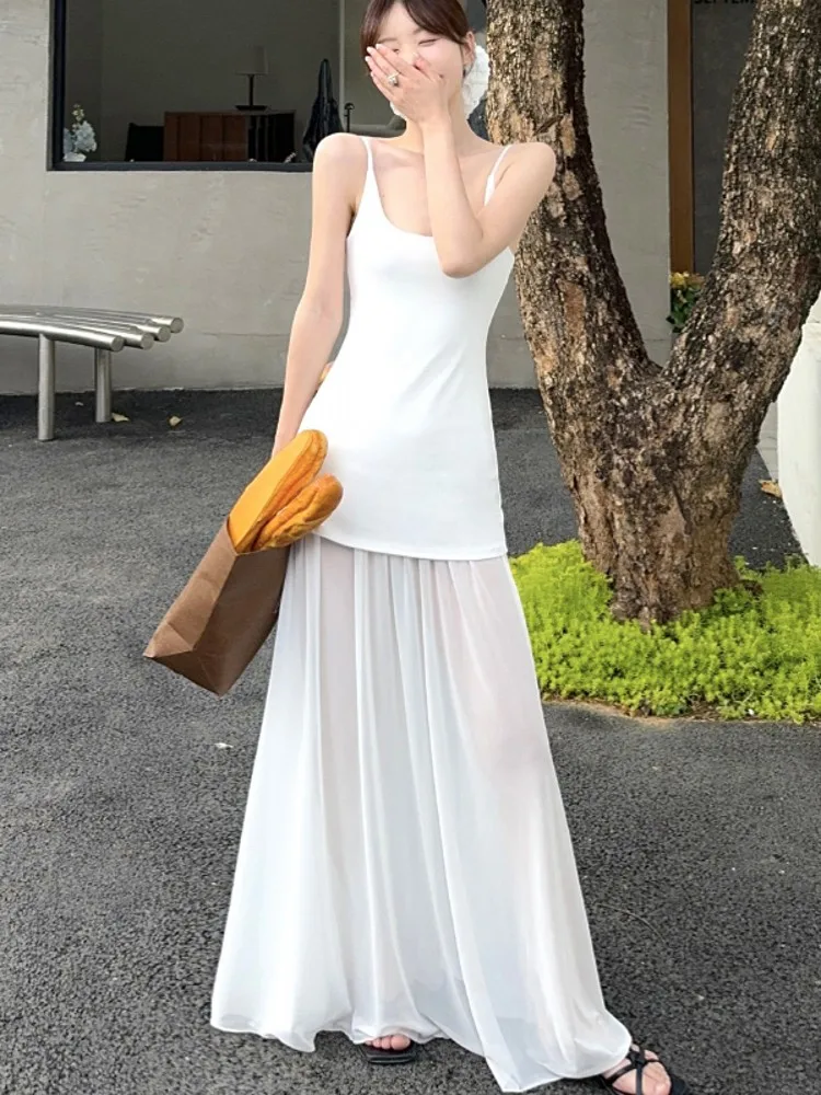 

Белое летнее пляжное платье Ele с вставками, женское, с высокой талией, длинная юбка А-силуэта