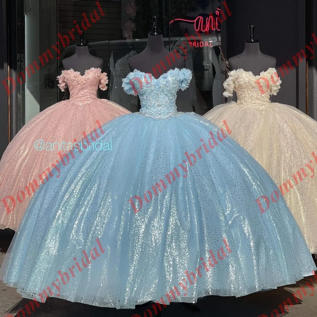 Vestido De Light Blue Ball Gown Cheap Quinceanera Dresses Romantic 3D Floral Flower Patterned Off Shoulder Sweet 15 16 Anos Prom