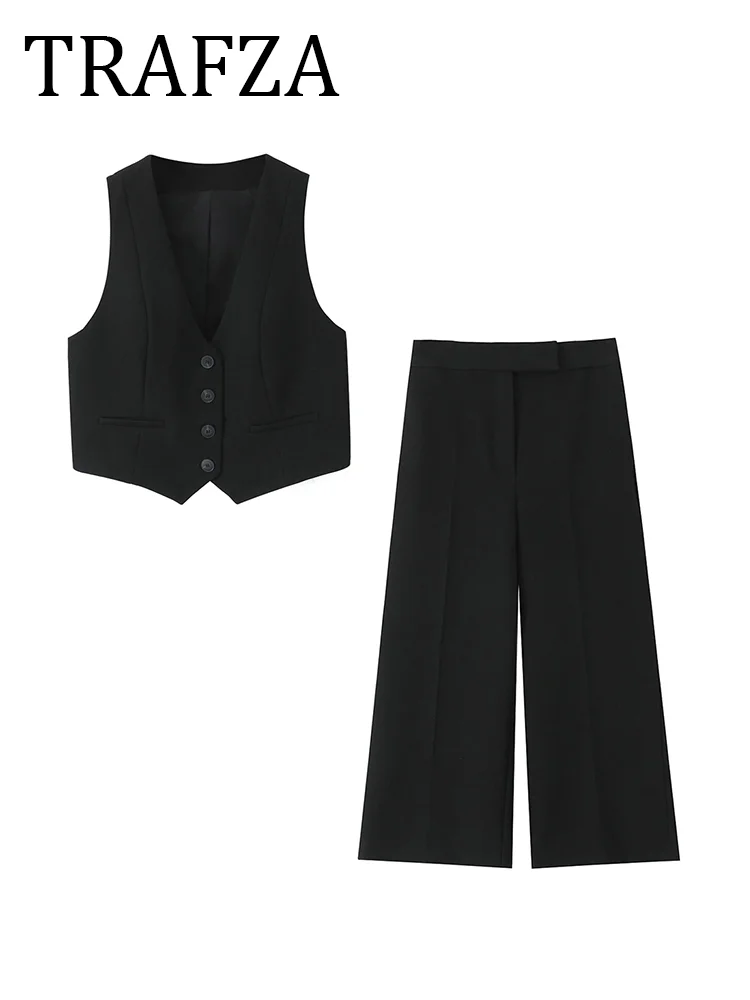 

TRAFZA Wide Leg Pant 2 Pices Set V-neck Button Vest Cropped High Waist Pant Black Short Waistcoat Woman Outfits 2025Spring Basic