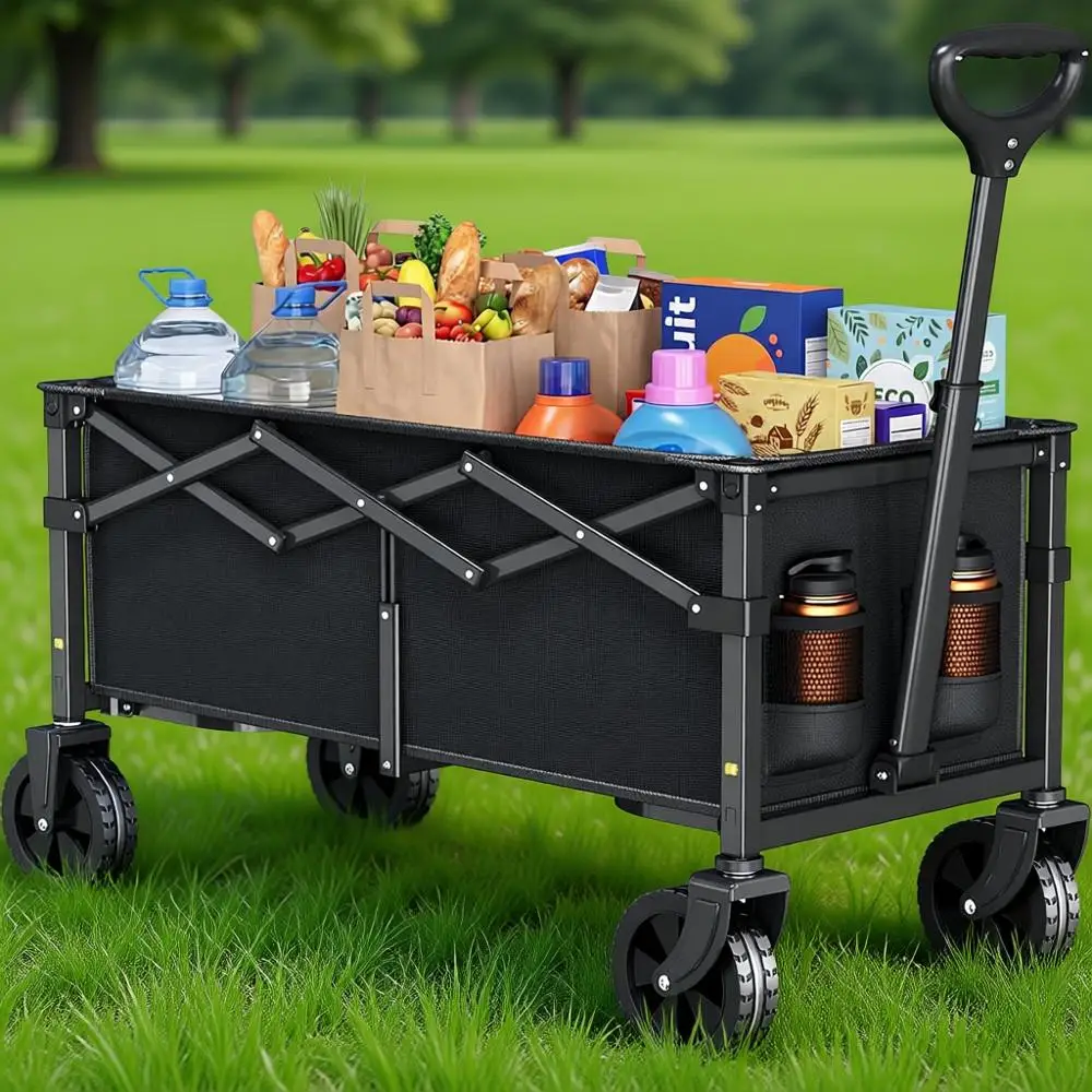

Collapsible Wagon Cart with Wheels - XL Grocery Utility Garden Shopping Trolley for Outdoor Camping Beach, Portable 300LBS, Blac